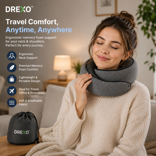Drexo™ Ergonomic Travel Neck Pillow – Memory Foam Comfort for Travel & Relaxation